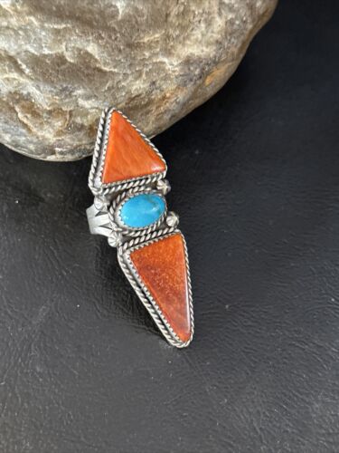 Navajo Orange Spiny Oyster Multi-Stone Ring | Authentic Native American Sterling Silver | Multi-Stone | Sz 7 | 14507