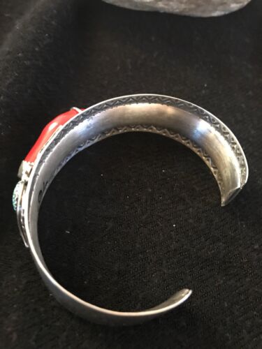 Navajo Spider Web Turquoise Coral Bracelet | Sterling Silver | Authentic Native American Handmade | 11716
