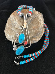 Navajo Kingman Turquoise & Spiny Oyster Pendant Necklace | Sterling Silver | 8659