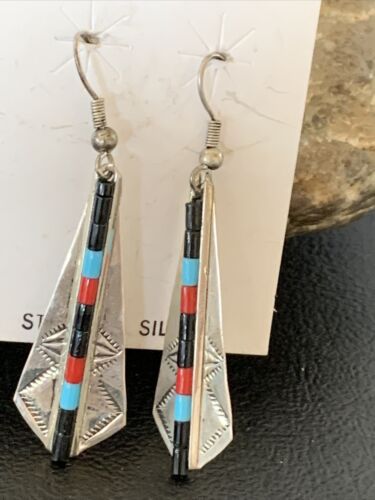 Navajo Multi-Color Turquoise Coral Lapis Inlay Earrings | Sterling Silver | 1.5" | 1710