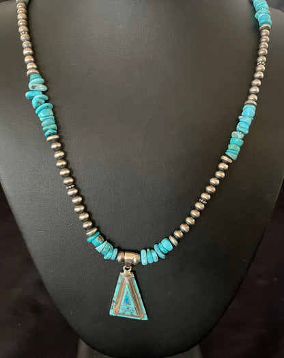 Authentic Native American Navajo Sterling Silver Pendant | Blue Turquoise & Opal Inlay Necklace | 11331