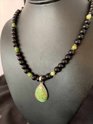 Navajo Pearls Onyx Mojave Turquoise Pendant Necklace | Sterling Silver | Authentic Native American Handmade | 13251