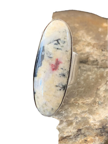 Southwestern Navajo Cinnabrite Ring | White Black | Sterling Silver | Sz 6.5 | 01548