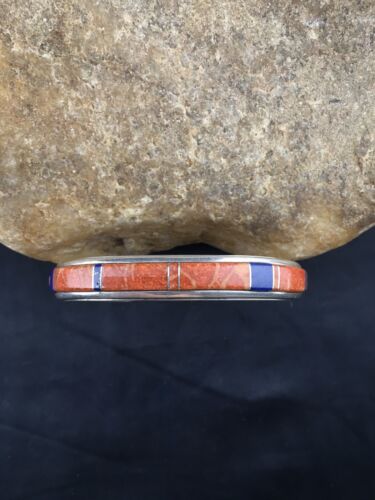 Native American Spiny Oyster & Lapis Inlay Bracelet | Navajo Sterling Silver | 4544