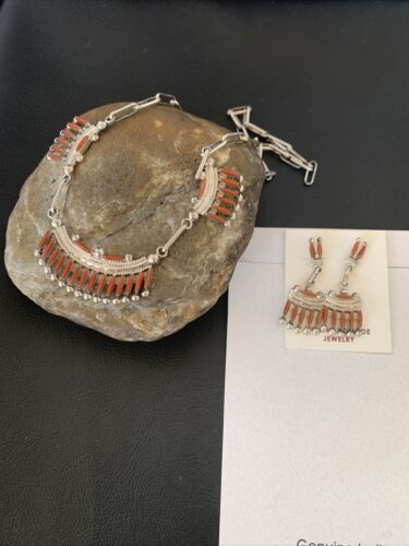 Zuni Coral Sterling Silver Petite Point Needle Necklace Pendant Earrings Set | Authentic Native American Handmade | 11909