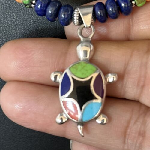 Navajo Green Turquoise and Lapis Inlay Pendant Necklace | Sterling Silver | Authentic Native American Handmade | 14616