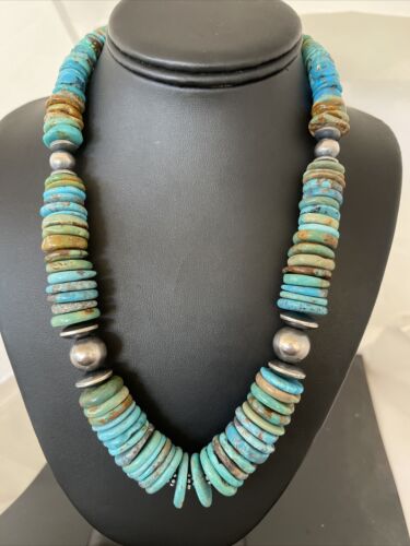 Southwestern Navajo Blue & Green Turquoise Necklace | Sterling Silver | Graduated | Authentic Native American | 20" | 1143 - Masha USA