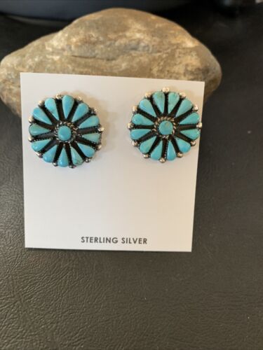 Navajo Blue Cluster Turquoise Stud Post Earrings | Sterling Silver | Authentic Native American Handmade | 12301