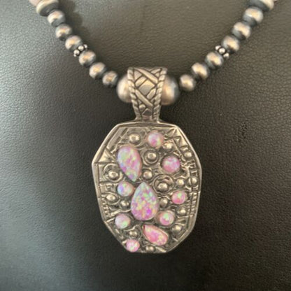 Navajo Pink Opal Beads Necklace with Multi-Stone Mother of Pearl Pendant | Sterling Silver | 13442
