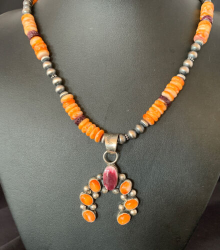 Navajo Sterling Silver Necklace | Orange Spiny Oyster Cluster Naja Pendant | 13165