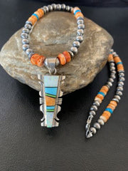 Navajo Turquoise Spiny Oyster Inlay Pendant | Sterling Silver | Authentic Native American Handmade | 11801