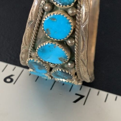 Navajo Blue Kingman Turquoise Cuff Bracelet | 2 Row | 16 Stone | Sterling Silver | Authentic Native American Handmade | 12691