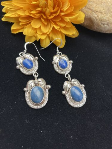 Southwestern Navajo Denim Lapis Dangle Earrings | Sterling Silver | 2" | 01798