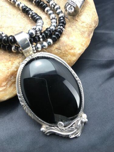 Navajo Pearls Sterling Silver Black Onyx Necklace | 3 Strand Pendant | 23" | Authentic Native American Handmade | 1012
