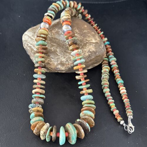 Navajo Turquoise & Red Spiny Oyster Necklace | Sterling Silver | Authentic Native American | 32" | 14379