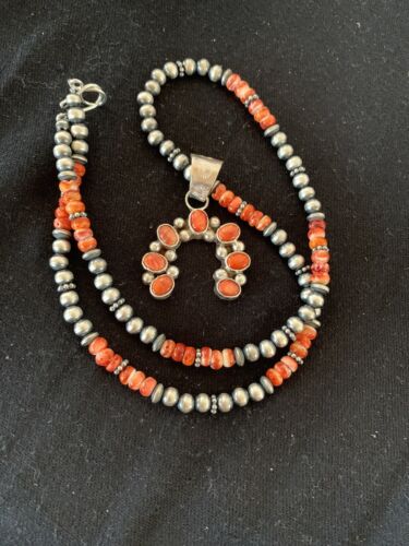 Navajo Red Spiny Oyster Naja Pendant | Sterling Silver Pearls | Authentic Native American Handmade | 140