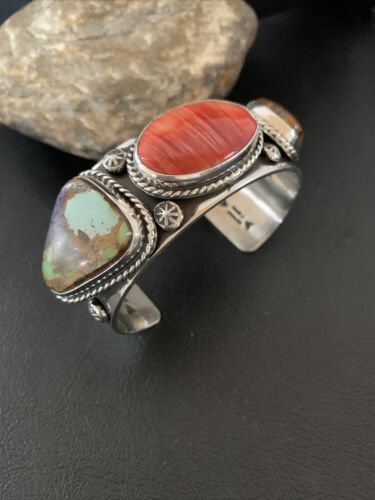 Navajo Green Royston Turquoise Spiny Oyster Cuff Bracelet | Sterling Silver | Authentic Native American Handmade | 1379