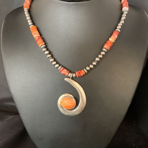 Navajo Orange Spiny Oyster Pendant Necklace | Sterling Silver | Authentic Native American Handmade | 13651