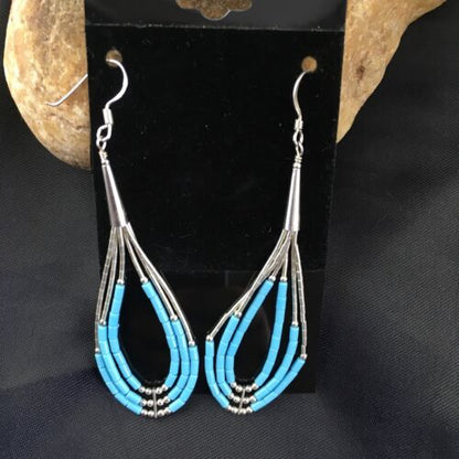 Native American Turquoise Heishi Tube Dangle Earrings | Sterling Silver | 2" | 8875