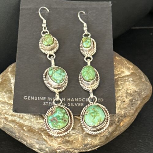 Navajo Green Sonoran Gold Turquoise Dangle Earrings | Sterling Silver | Authentic Native American Handmade | 14408