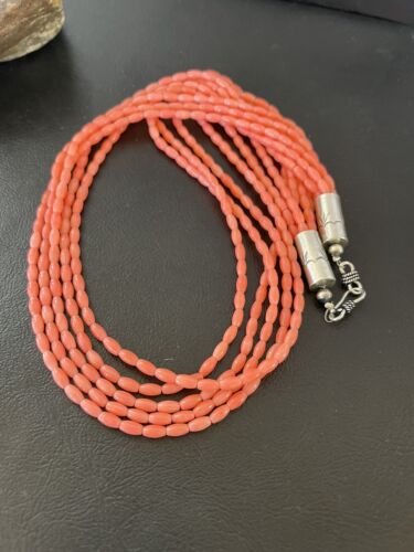 Navajo Pink Coral 5-Strand Necklace | Sterling Silver Barrel Beads | 22" | Authentic Native American | 10436