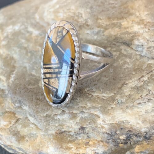 Navajo Black Onyx Coffee Tigers Eye Inlay Ring | Sterling Silver | Sz 8.5 | 10733