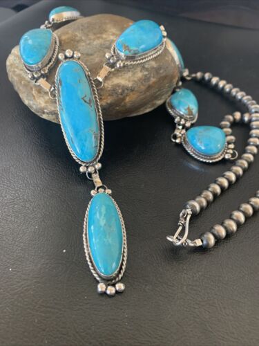 Navajo Kingman Turquoise Lariat Necklace | Sterling Silver | Authentic Native American Handmade | 11571
