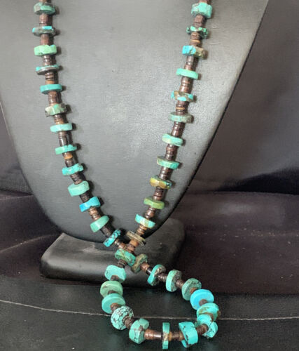 Native American Navajo Turquoise Shell Heishi Bead Necklace | Sterling Silver | 30" | 00762