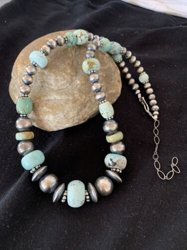 Sterling Silver Navajo Pearls Necklace | Dry Creek Turquoise Beads | Native American Handmade | 21" | 1386