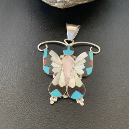 Zuni Blue Turquoise Coral Butterfly Inlay Pendant | Sterling Silver Necklace | Authentic Native American Inlay | 11967 - Masha USA