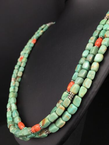 Navajo Green Royston Turquoise Spiny Oyster Necklace | Sterling Silver | 3-Strand 26" | 1140