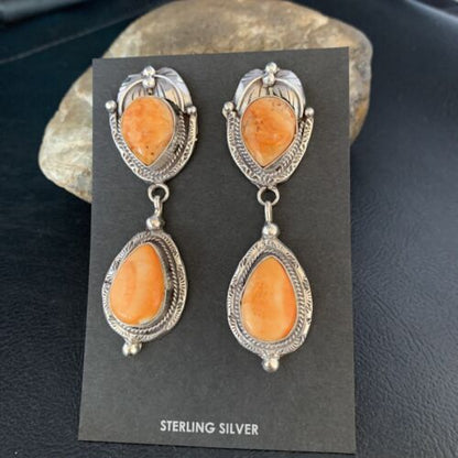 Navajo Orange Spiny Oyster Dangle Earrings | Sterling Silver | Authentic Native American Handmade | 13819