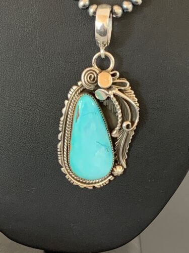 Navajo Royston Turquoise Pendant Necklace | Sterling Silver Pearls | Authentic Native American Handmade | 8735