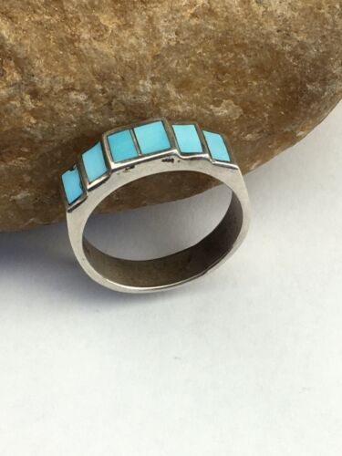 Native Navajo Sterling Silver Blue Kingman Turquoise Inlay Ring Sz 10 1594