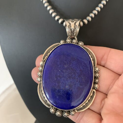 Men's Lapis Lazuli Pendant | Navajo Pearls Sterling Silver Necklace | Authentic Native American Handmade | 1282