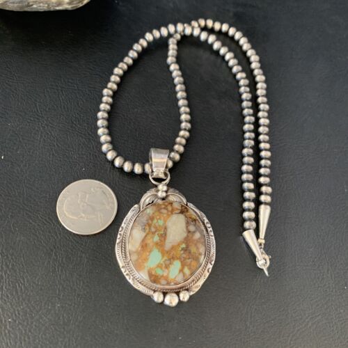Men's Navajo Boulder Turquoise Pendant Necklace | Sterling Silver | Authentic Native American Handmade | 13658