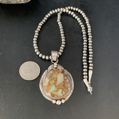 Men's Navajo Boulder Turquoise Pendant Necklace | Sterling Silver | Authentic Native American Handmade | 13658
