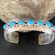 Navajo Blue Kingman Turquoise Cuff Bracelet | Sterling Silver | 7 Stone | Authentic Native American Handmade | 14212