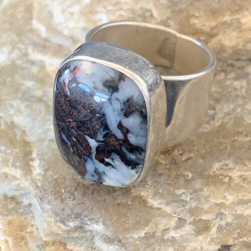 Navajo Men's White Black Cinnabrite Ring | Sterling Silver | Sz 6.5 | Authentic Native American Handmade | 1551