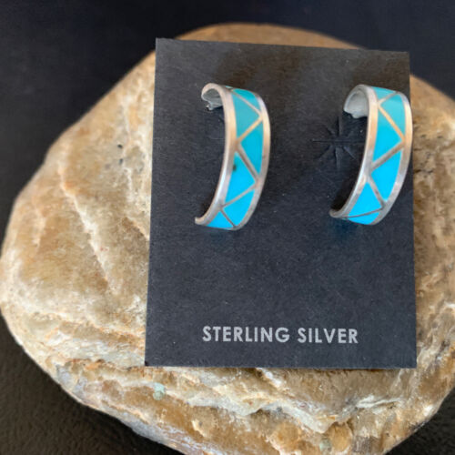 Zuni Blue Turquoise Inlay Hoop Earrings | Sterling Silver | 0.50" | 12755
