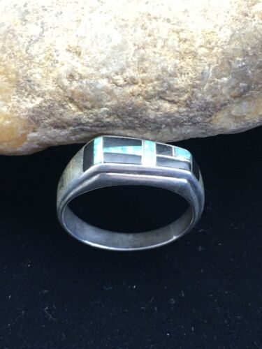 Native American Men's Navajo Opal & Black Onyx Inlay Ring | Sterling Silver | Sz 10 | 1600
