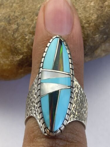 Southwestern Navajo Opal & Turquoise Inlay Ring | Sterling Silver | Sz 8 | 01615