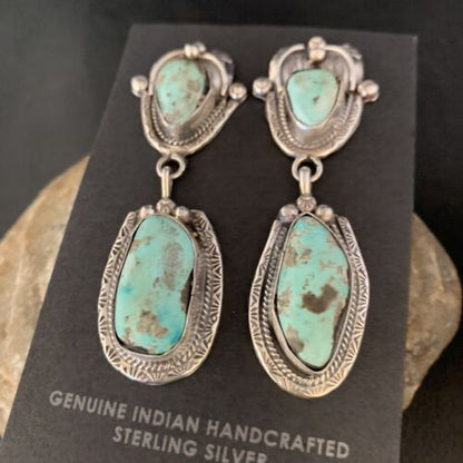 Navajo Blue Dry Creek Turquoise Post Dangle Earrings | Sterling Silver | Authentic Native American Handmade | 13873