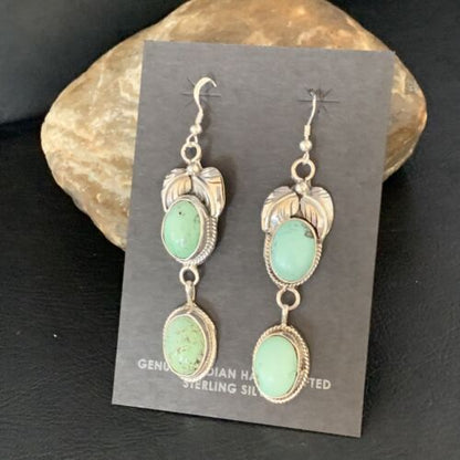 Navajo Green Spiderweb Turquoise Dangle Earrings | Sterling Silver | Authentic Native American Handmade | 13548