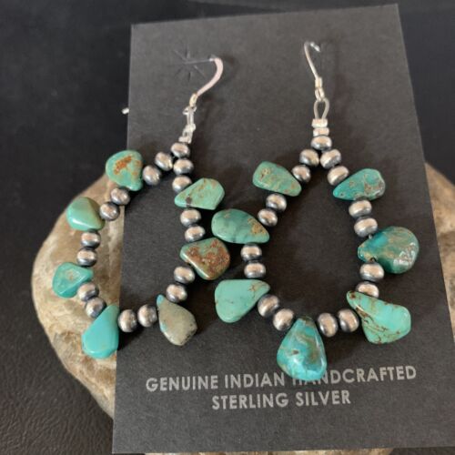 Navajo Green Cluster Turquoise Bead Earrings | Sterling Silver | Authentic Native American Handmade | 13325