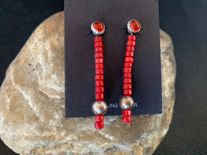 Navajo Pearl Heishi Dangle Earrings | Sterling Silver Red Coral Tube | 1.5" | 13051
