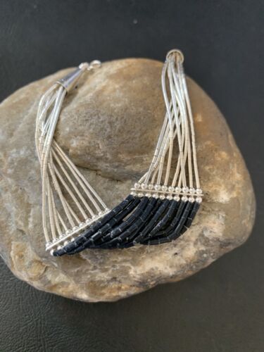 Black Onyx 10-Strand Liquid Silver Heishi Beads Bracelet | Sterling Silver | 7.25" | 12634