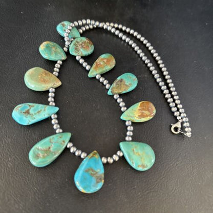 Southwestern Navajo Pearls Necklace | Sterling Silver | Blue Turquoise Teardrop | 14300