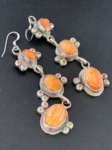 Navajo Orange Spiny Oyster Dangle Earrings | Sterling Silver | Authentic Native American Handmade | 1231