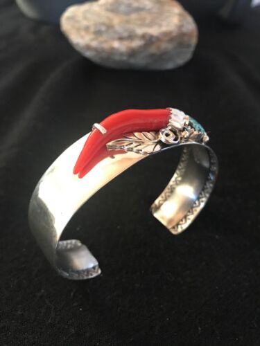 Navajo Spider Web Turquoise Coral Bracelet | Sterling Silver | Authentic Native American Handmade | 11716